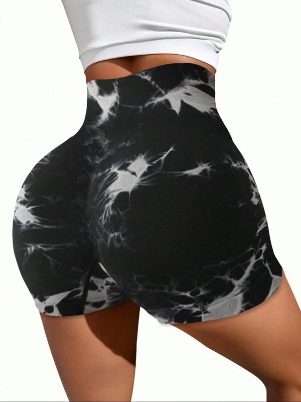 Women's Tie Dye Print Ruched High Waist Athletic Sports Shorts, Sporty Comfy Breathable Skinny Shorts for Gym Workout Running, Gym Shorts, Lady Sportswear for Fall, Workout Sets Women