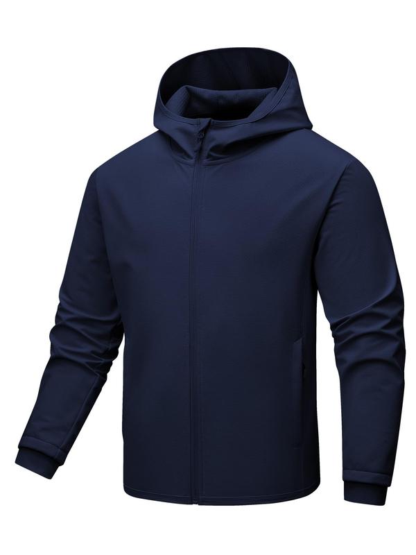 Men's Solid Pocket Zip Up Sports Coat, Regular Fit Casual Long Sleeve Windproof Waterproof Sports Outerwear for Outdoor Hiking Camping, Men's Sportswear for All Seasons