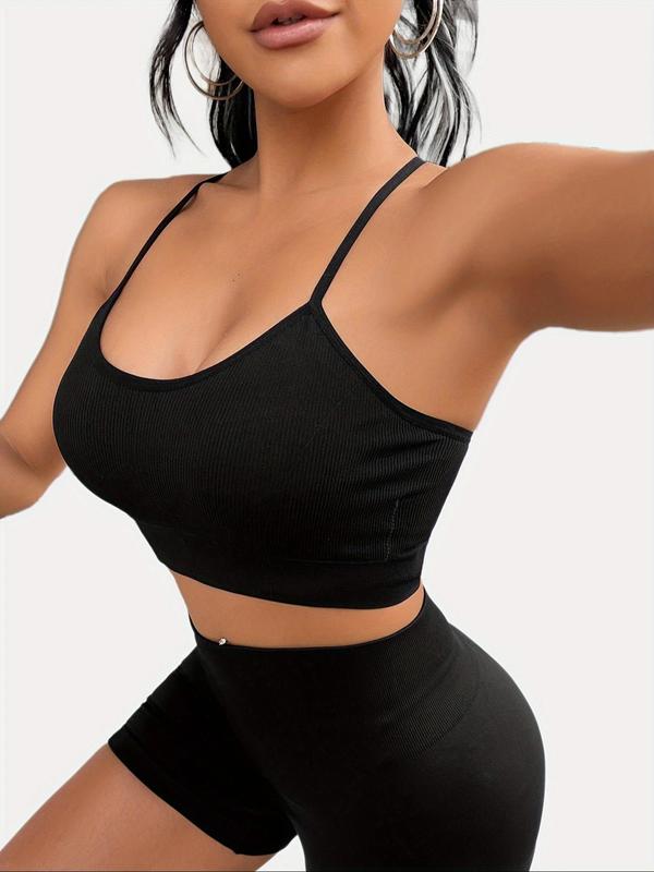 Women's Solid Backless Criss Cross Sports Bra, Fall Outfits, Fallfreshness Back To School Clothes, Breathable Wireless Sports Lingerie Top for Tennis Pickleball Yoga Exercise, Cute Gym Clothes, Sports Bra for Women, Sport Underwear