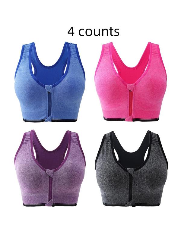  Zipper Front Sports Bra, Solid Color Breathable Comfortable Sports Yoga Bra, Women's Sport & Outdoor Clothes for Indoor Outdoor Wear