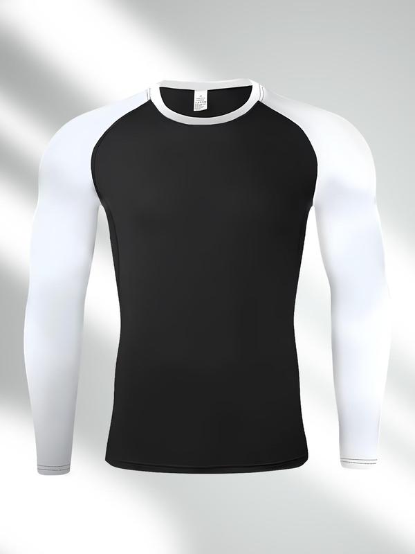 Men's Colorblock Round Neck Sports Tee, Long Sleeve Crew Neck T-Shirt, High Stretch Breathable Skin-friendly Tight-fitting Top for Running Gym Workout, Sport & Outdoor Clothing for Spring & Fall