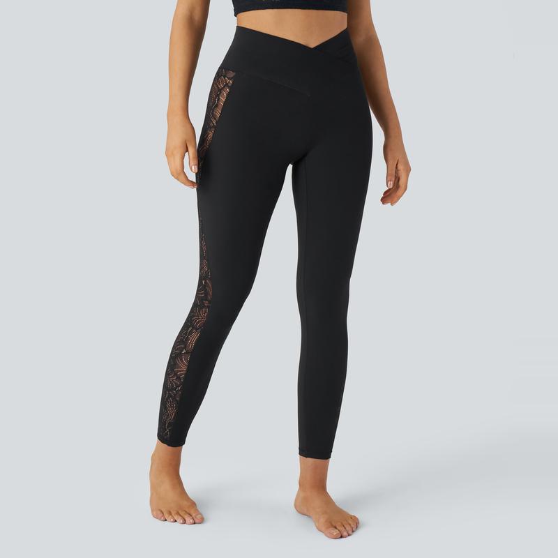 Halara Softlyzero™ High Waisted Crossover Contrast Lace Yoga 7 8 Leggings-UPF50+