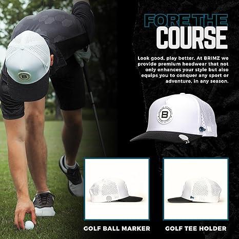 BRIMZ Golf Performance Hat - Breathable Sweat & Water Resistant Golfing Snapback Cap with Tee Holder & Magnetic Ball Marker (White Black - Brimz) adjustable baseball