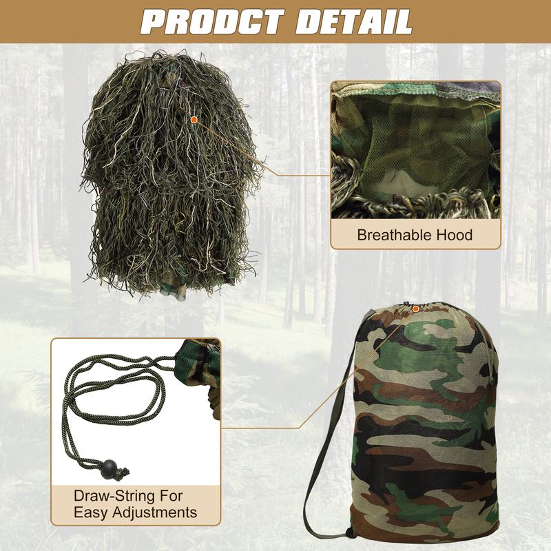 MOPHOTO 5 in 1 Ghillie Suit, 3D Camouflage Hunting Apparel Including Jacket, Pants, Hood, Carry Bag Suitable for Unisex Adults Youth (S M L) outdoor gear