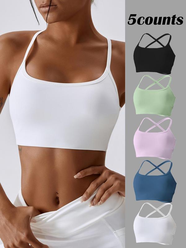 Women's Solid Criss Cross Wireless Sports Bra, Breathable Comfortable Sports Bra, Ladies Sportswear for Indoor Outdoor Wear