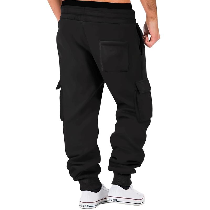 Mens' Comfy Stretch Cargo Joggers - Soft Cotton Blend, Multiple Pockets, Drawstring Waist, Regular Fit, Perfect for Teens, Fall Winter Outdoor Activities, Casual Solid Color Knit Fabric Sweatpants