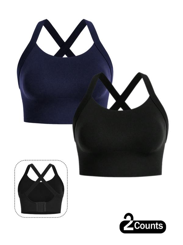  Solid Criss Cross Sports Bra, Breathable Hook and Eye High Stretch Sports Bra for Yoga Gym Workout, Sports Bra for Women, Pickleball & Tennis Clothes