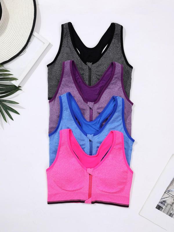  Zipper Front Sports Bra, Solid Color Breathable Comfortable Sports Yoga Bra, Women's Sport & Outdoor Clothes for Indoor Outdoor Wear