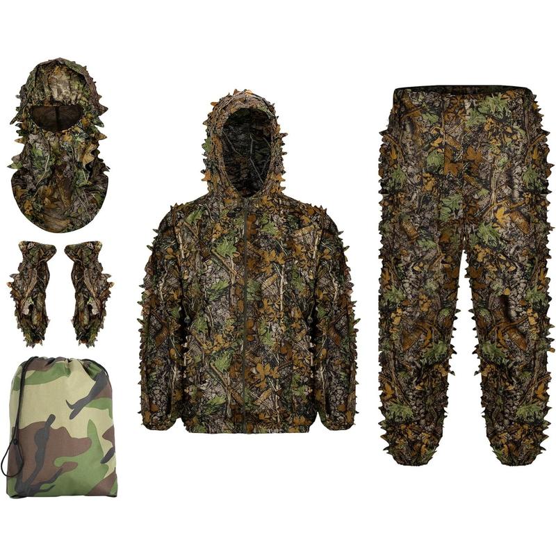 Ginsco Ghillie Suit Full Face Mask Gloves Set, Ghillie Suit for Men, 3D Leafy Camo Suit for Outdoor Hunting Photography