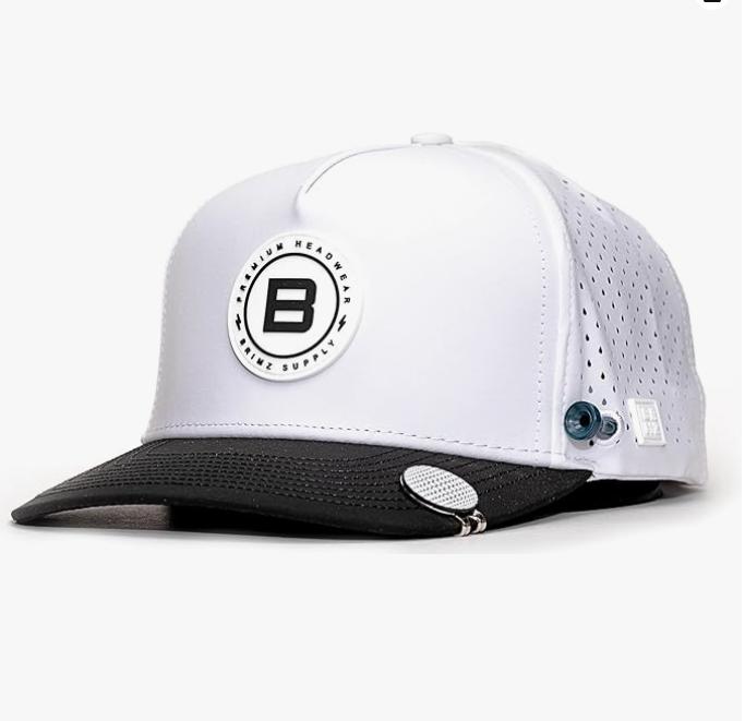 BRIMZ Golf Performance Hat - Breathable Sweat & Water Resistant Golfing Snapback Cap with Tee Holder & Magnetic Ball Marker (White Black - Brimz) adjustable baseball