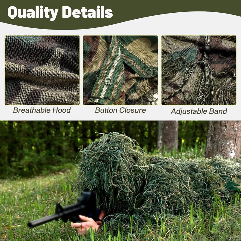 MOPHOTO 5 in 1 Ghillie Suit, 3D Camouflage Hunting Apparel Including Jacket, Pants, Hood, Carry Bag Suitable for Unisex Adults Youth (S M L) outdoor gear