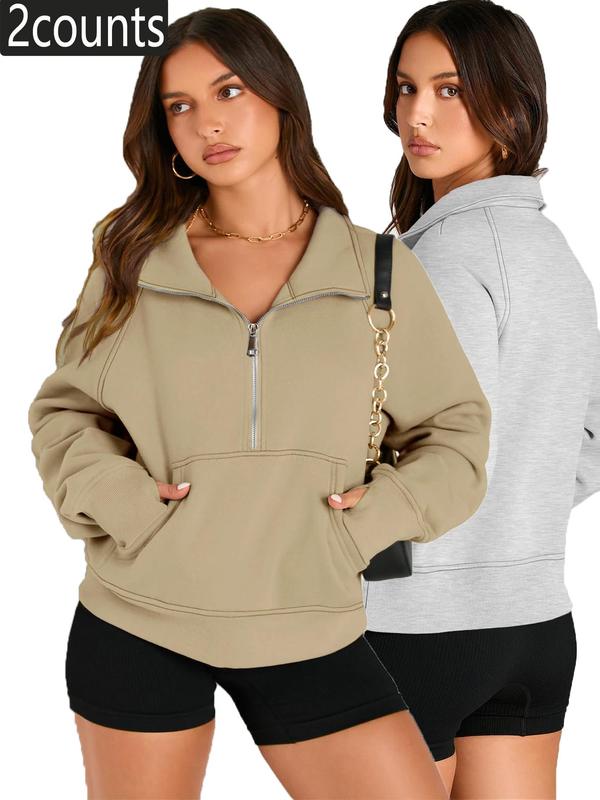 Women's Solid Zip Up Thermal Lined Sporty Sweatshirt, Gym Clothing, Sporty Long Sleeve Kangaroo Pocket Pullover for Fall & Winter, Women's Sportswear for Indoor Outdoor Wear