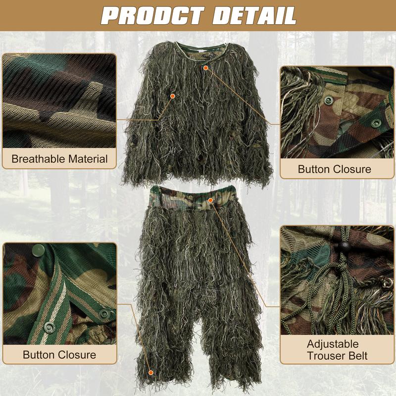 MOPHOTO 5 in 1 Ghillie Suit, 3D Camouflage Hunting Apparel Including Jacket, Pants, Hood, Carry Bag Suitable for Unisex Adults Youth (S M L) outdoor gear