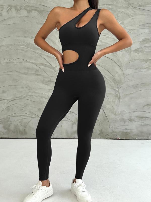 Women's Solid Cut Out Padded Sports Jumpsuit, One Shoulder Sleeveless Bodycon Jumpsuit for Yoga Gym Workout,  Bodysuits for Women,  Ladies Sportswear for All Seasons Sweatpants