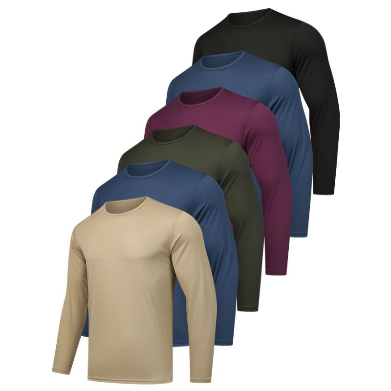 6pcs Premium Men's Quick-Dry Long Sleeve Athletic T-Shirts - Ultra-Lightweight, Stretchy Crew Neck for Maximum Comfort - Ideal for Running, Hiking, Casual Wear, and Outdoor Activities - Machine Washable, Solid Colors, Breathable, Moisture-W