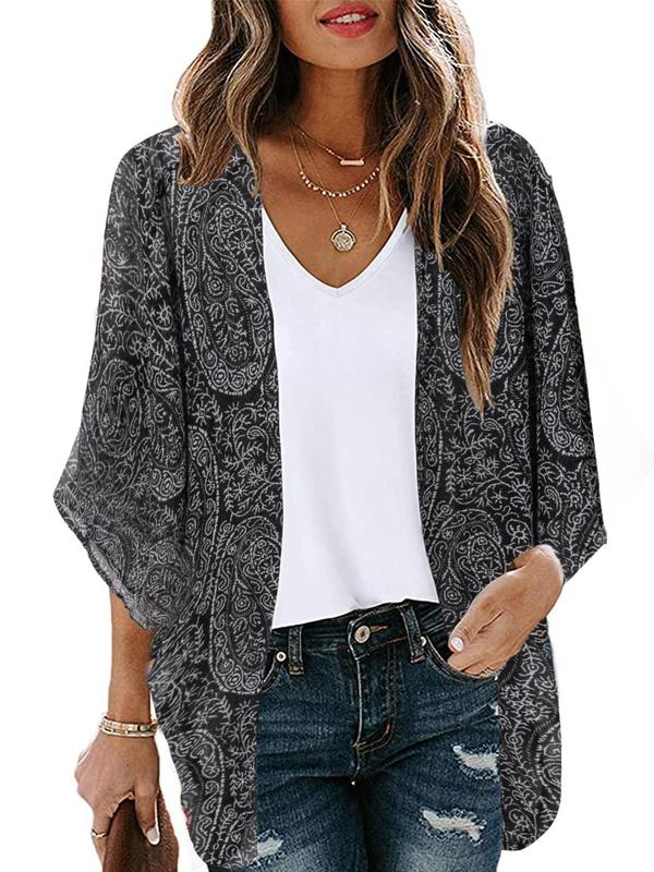 Women's Paisley Print Batwing Sleeve Cover Up, Casual 3 4 Length Sleeve Open Front Cover Up For Summer, Fashion Women's Swimwear For Beach Vacation