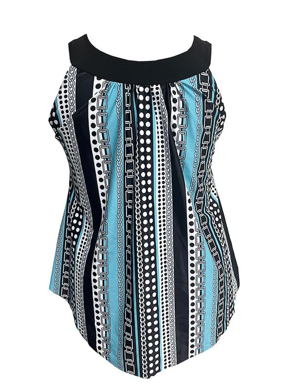 Plus Size Two-Piece Set Striped Print Sleeveless Tankini Set, Casual Scoop Neck Top & Solid Swim Bottom, Tankini Swimsuits Sets, Plus Size Swimwear Set, Bathing Suits for Women Summer