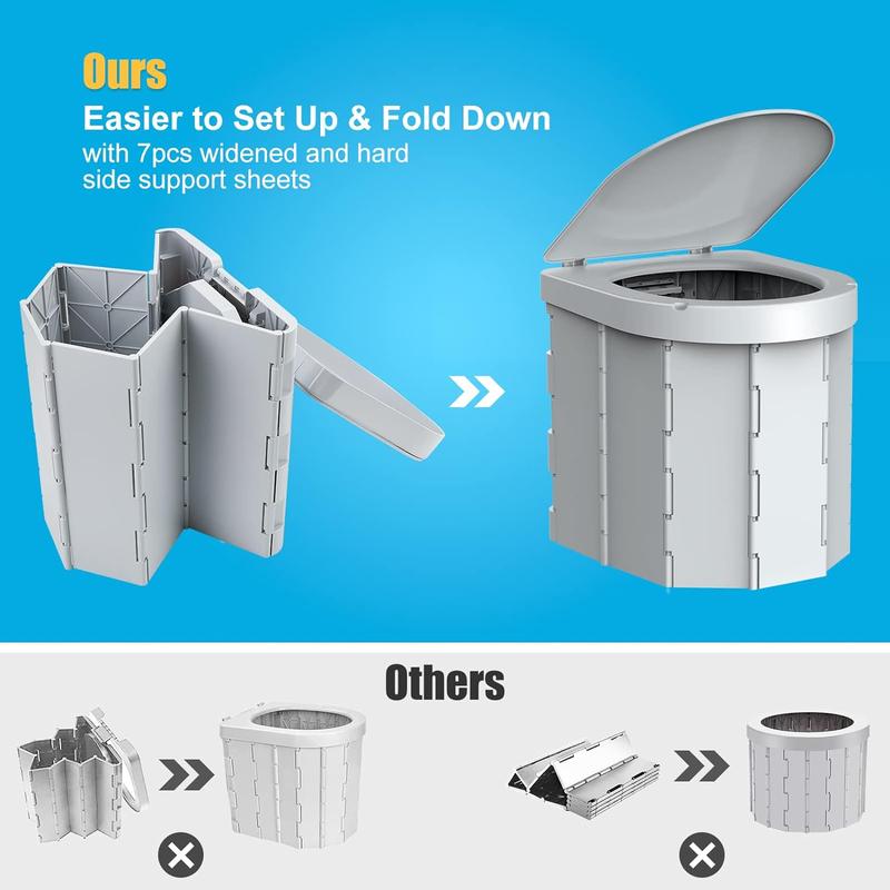 Portable Camping Toilet, Folding Toilet for Adults with Lid and Retractable Toilet Paper Holder, Waterproof Porta Potty with Carry Bag and Disposible Liners for Camping, Hiking, RV Travel, Road Trips