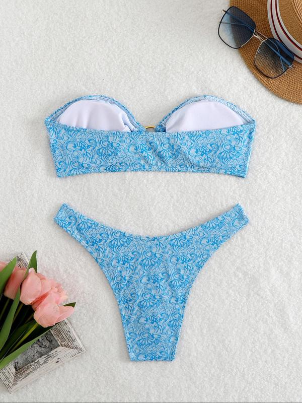 Two-Piece Set Women's All Over Print O-ring Ruched Bikini Set, Casual Bandeau Swim Bra & High Cut Swim Panty, Ladies Summer Swimwear for Beach Holiday Vacation