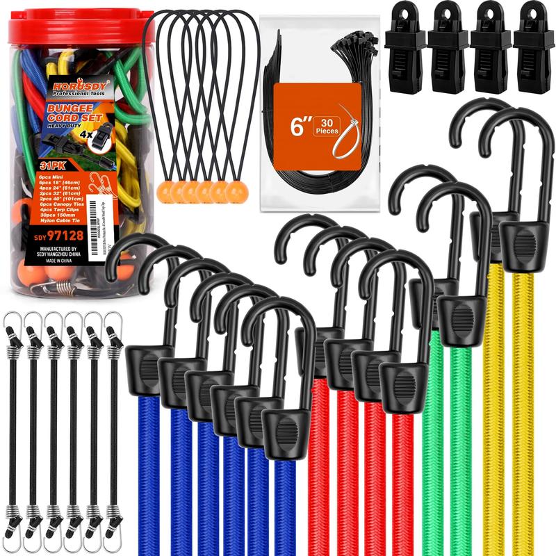 HORUSDY 31-Piece Premium Bungee Cords Assortment Jar, Includes 10”,18”,24”,32”,40” Bungee Cords, 6“ Zip Ties, 8”Canopy Tarp Ball Ties and Crocodile Mouth Tarp Clips