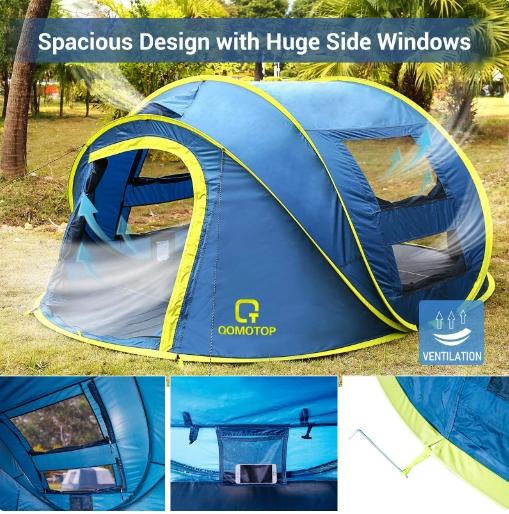 QOMOTOP Instant Tent 4-Person Camp Tent, Automatic Setup Pop Up Tent, Waterproof, Huge Side Screen Windows, Blue