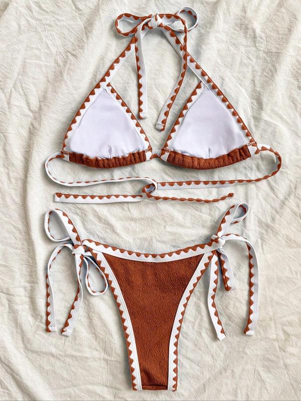 Two-Piece Set Women's Contrast Binding Geometric Print Bikinis Set, Casual Triangle Bra with Removable Pads & Tie Side Panty Swimsuit, Swimsuit Sets for Summer