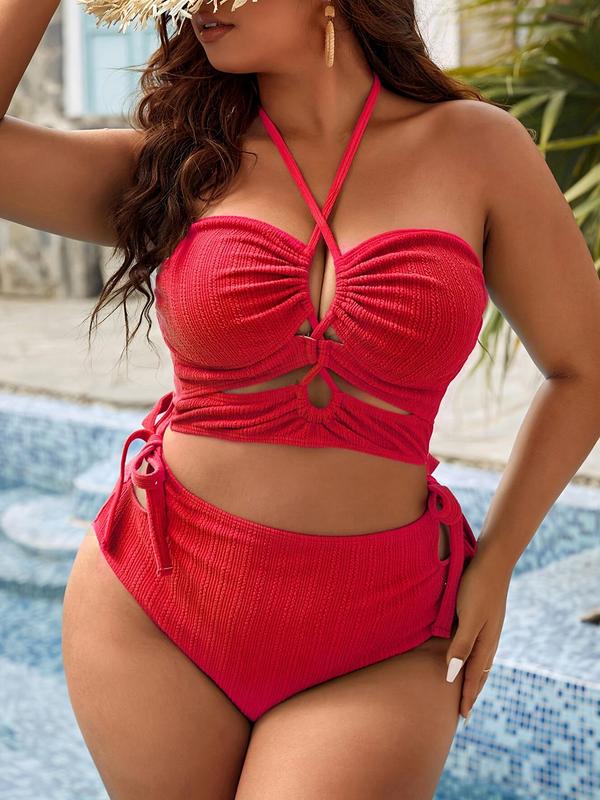 Plus Size Cut Out Ruched Bikini Set, Plain Criss Cross Halter Swim Bra & Tie Side Swim Panty, Bathing Suits Women, Women's Two-Piece Back To School Swimsuit for Summer Beach Holiday