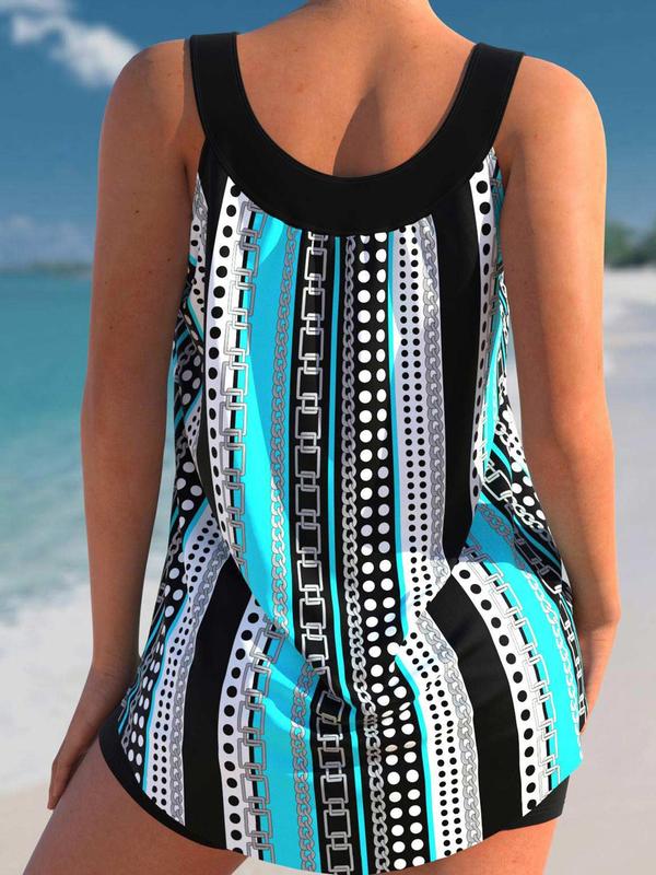 Plus Size Two-Piece Set Striped Print Sleeveless Tankini Set, Casual Scoop Neck Top & Solid Swim Bottom, Tankini Swimsuits Sets, Plus Size Swimwear Set, Bathing Suits for Women Summer