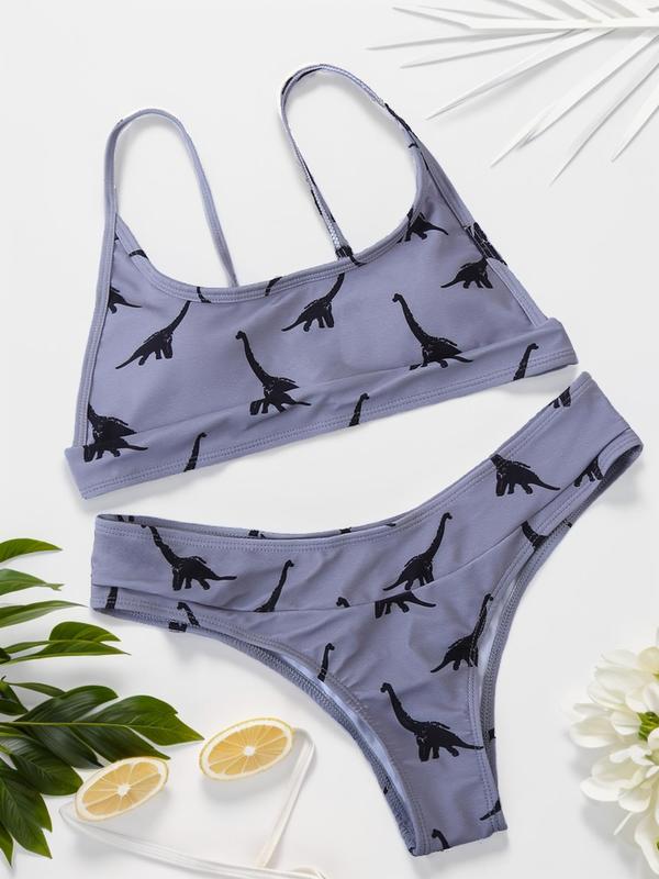 Women's Cartoon Dinosaur Print Bikini Set, Adjustable Strap Cami Swim Bra & Swim Panty, Ladies Summer Swimwear for Beach Holiday Vacation