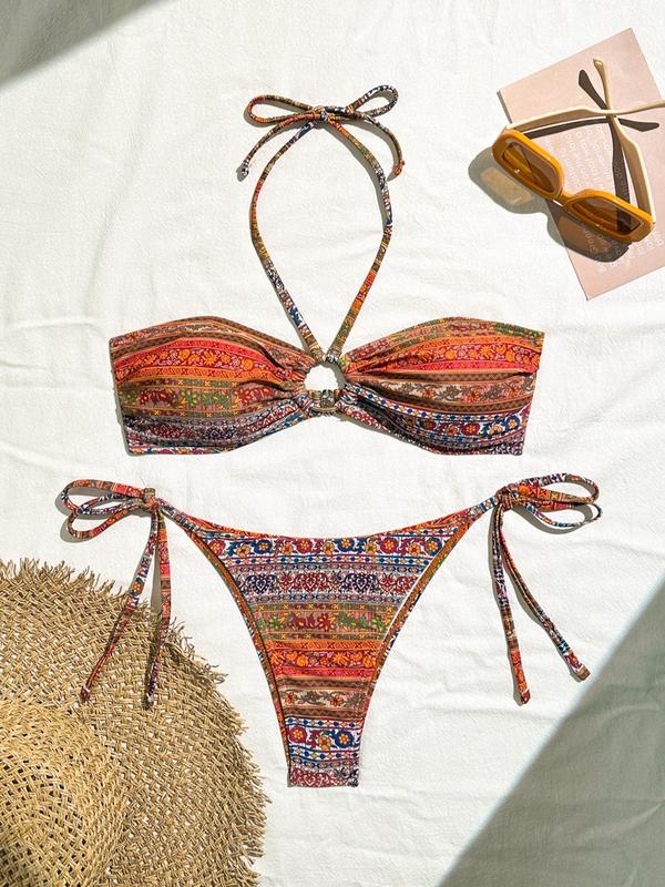 Two-piece Set Women's Ethnic Pattern Bikini Set, Boho Style O-ring Tie Back Halter Swim Top & Thong Swim Bottom, Summer Beach Holiday Vacation Swimwear Set for Women