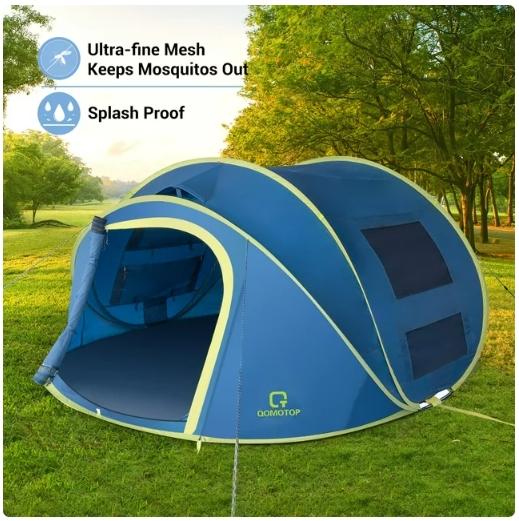 QOMOTOP Instant Tent 4-Person Camp Tent, Automatic Setup Pop Up Tent, Waterproof, Huge Side Screen Windows, Blue