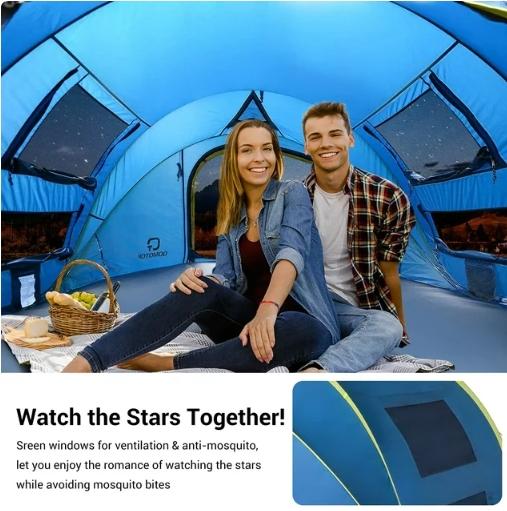 QOMOTOP Instant Tent 4-Person Camp Tent, Automatic Setup Pop Up Tent, Waterproof, Huge Side Screen Windows, Blue