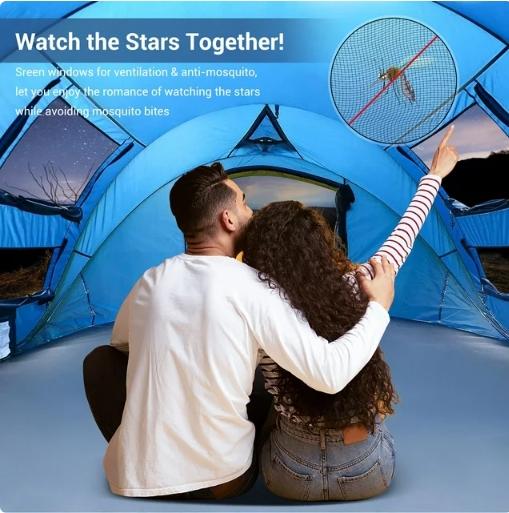 QOMOTOP Instant Tent 4-Person Camp Tent, Automatic Setup Pop Up Tent, Waterproof, Huge Side Screen Windows, Blue