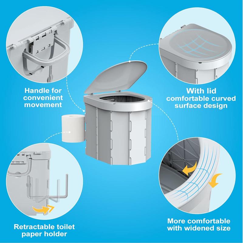 Portable Camping Toilet, Folding Toilet for Adults with Lid and Retractable Toilet Paper Holder, Waterproof Porta Potty with Carry Bag and Disposible Liners for Camping, Hiking, RV Travel, Road Trips