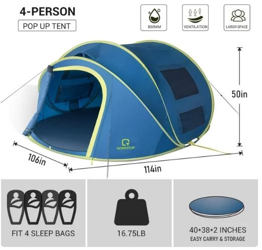 QOMOTOP Instant Tent 4-Person Camp Tent, Automatic Setup Pop Up Tent, Waterproof, Huge Side Screen Windows, Blue