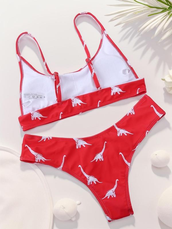 Women's Cartoon Dinosaur Print Bikini Set, Adjustable Strap Cami Swim Bra & Swim Panty, Ladies Summer Swimwear for Beach Holiday Vacation