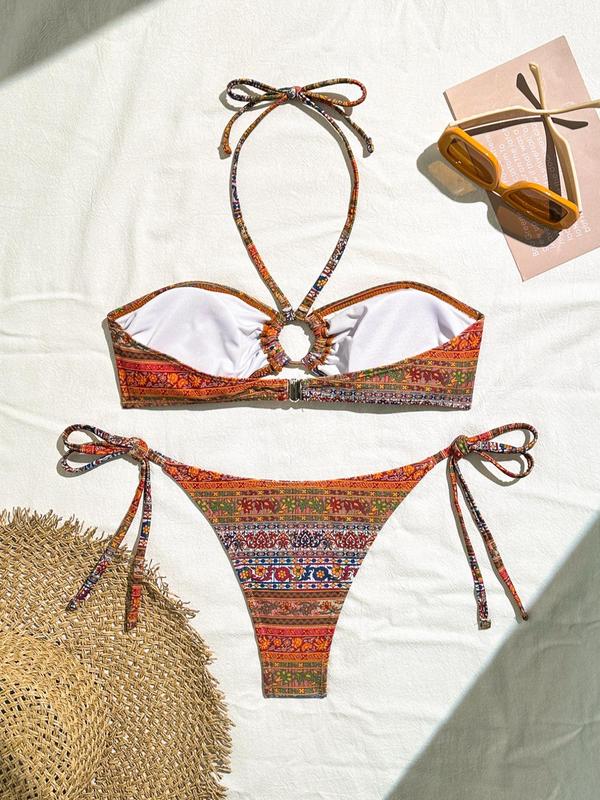 Two-piece Set Women's Ethnic Pattern Bikini Set, Boho Style O-ring Tie Back Halter Swim Top & Thong Swim Bottom, Summer Beach Holiday Vacation Swimwear Set for Women