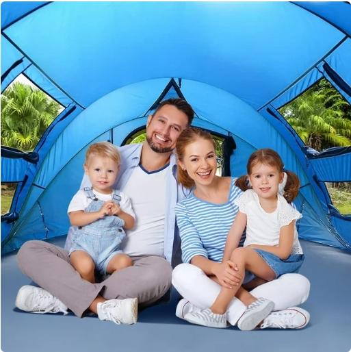 QOMOTOP Instant Tent 4-Person Camp Tent, Automatic Setup Pop Up Tent, Waterproof, Huge Side Screen Windows, Blue