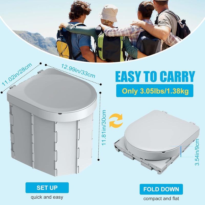 Portable Camping Toilet, Folding Toilet for Adults with Lid and Retractable Toilet Paper Holder, Waterproof Porta Potty with Carry Bag and Disposible Liners for Camping, Hiking, RV Travel, Road Trips