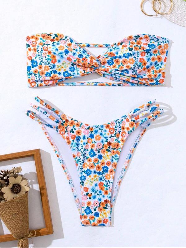 Two-Piece Set Women's Ditsy Floral Print Cut Out Bikinis for Summer 2024, Twist Bandeau Bikini Top & High Cut Swim Bottom, Women's Swimwear for Summer Beach Holiday