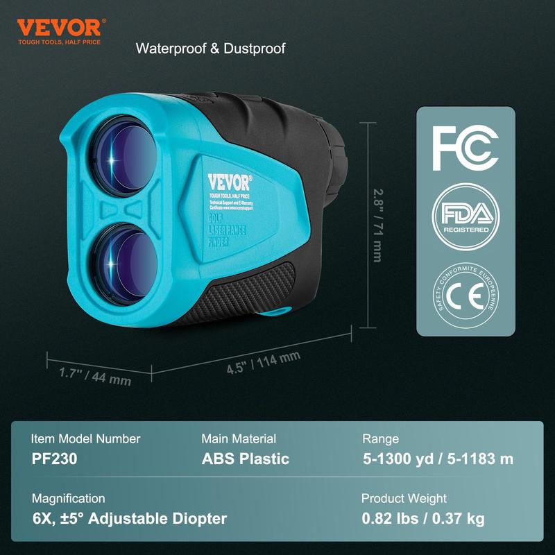 VEVOR Golf Rangefinder, Max 1300 Yards Laser Golfing Hunting Range Finder, 6X Magnification Distance Measuring, Golfing Accessory with External Magnet Mount, High-Precision Flag Lock, Slope, and Batteries