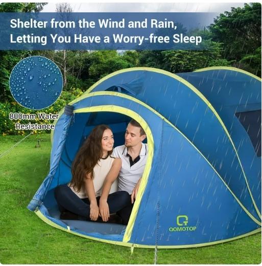 QOMOTOP Instant Tent 4-Person Camp Tent, Automatic Setup Pop Up Tent, Waterproof, Huge Side Screen Windows, Blue