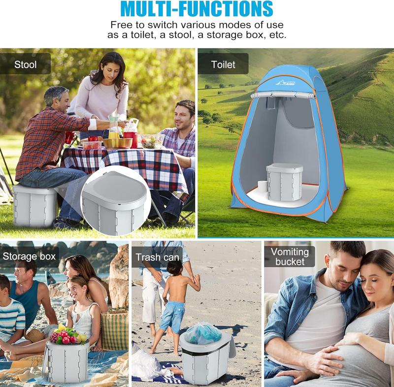 Portable Camping Toilet, Folding Toilet for Adults with Lid and Retractable Toilet Paper Holder, Waterproof Porta Potty with Carry Bag and Disposible Liners for Camping, Hiking, RV Travel, Road Trips