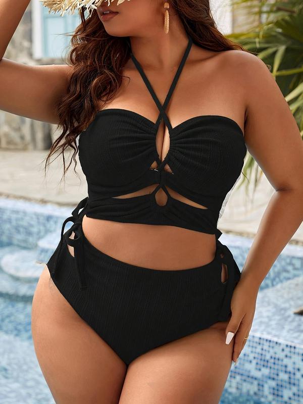 Plus Size Cut Out Ruched Bikini Set, Plain Criss Cross Halter Swim Bra & Tie Side Swim Panty, Bathing Suits Women, Women's Two-Piece Back To School Swimsuit for Summer Beach Holiday