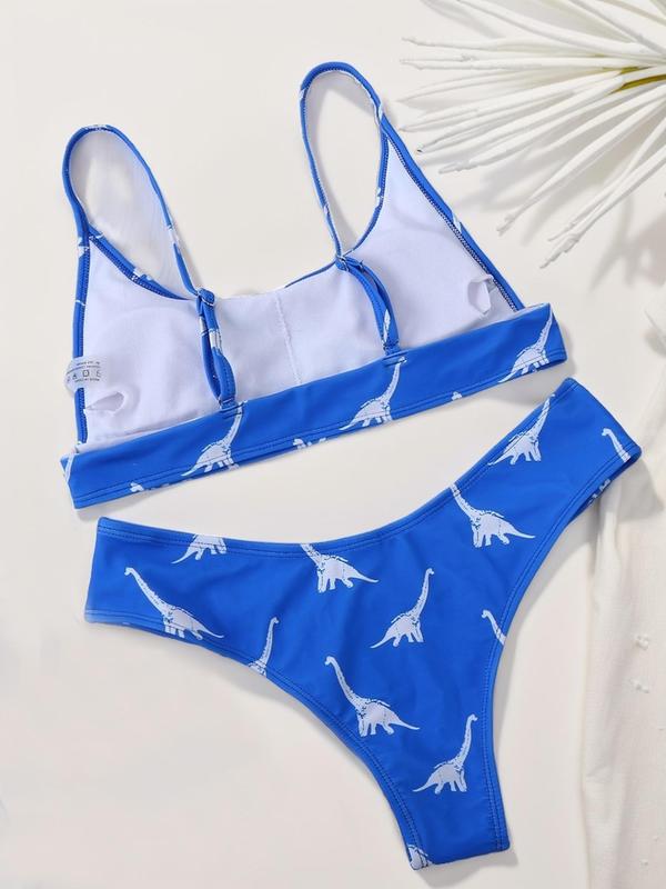 Women's Cartoon Dinosaur Print Bikini Set, Adjustable Strap Cami Swim Bra & Swim Panty, Ladies Summer Swimwear for Beach Holiday Vacation