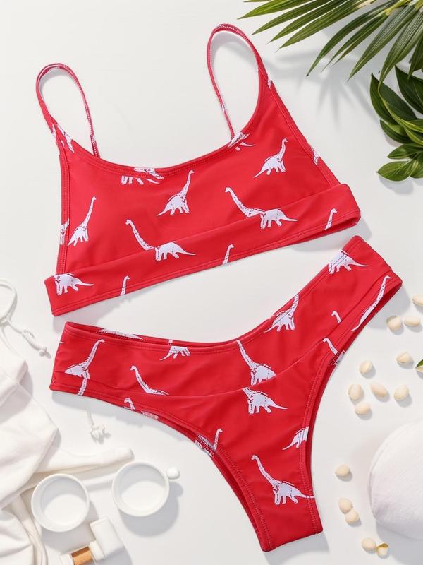 Women's Cartoon Dinosaur Print Bikini Set, Adjustable Strap Cami Swim Bra & Swim Panty, Ladies Summer Swimwear for Beach Holiday Vacation