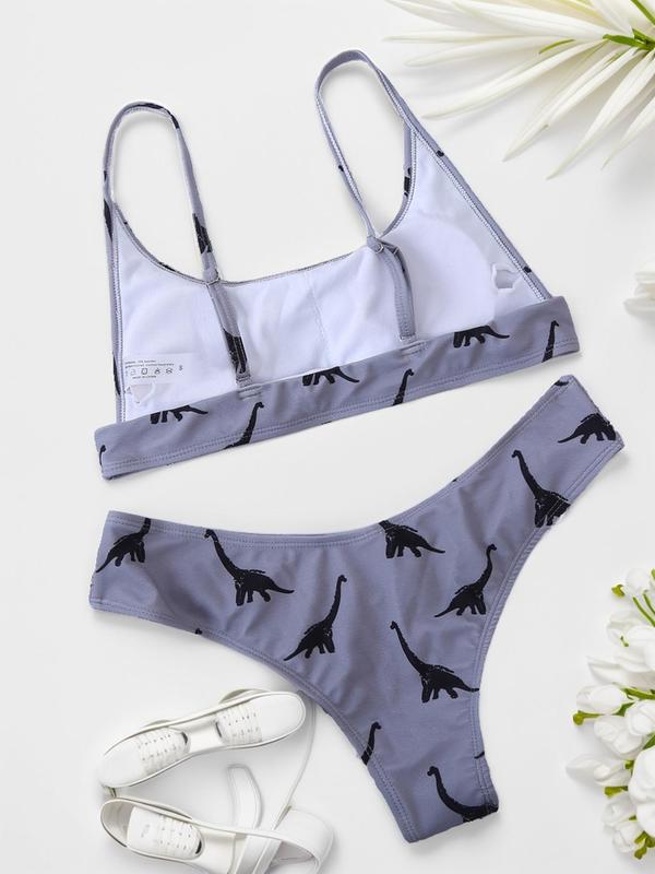 Women's Cartoon Dinosaur Print Bikini Set, Adjustable Strap Cami Swim Bra & Swim Panty, Ladies Summer Swimwear for Beach Holiday Vacation