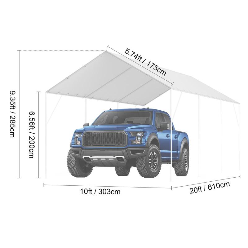 VEVOR 10 x 20 ft Carport Replacement Canopy Cover, Garage Top Tent Shelter Tarp Heavy-Duty Waterproof & UV Protected, Easy Installation with 40 Ball Bungeess (Only Top Cover, Frame Not Include), White