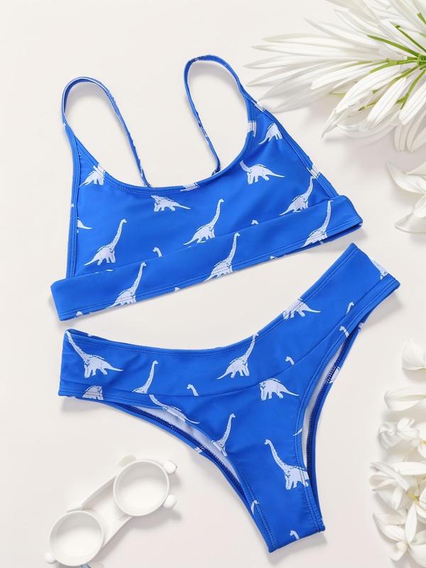 Women's Cartoon Dinosaur Print Bikini Set, Adjustable Strap Cami Swim Bra & Swim Panty, Ladies Summer Swimwear for Beach Holiday Vacation