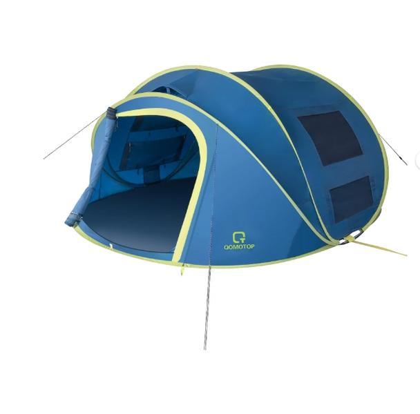 QOMOTOP Instant Tent 4-Person Camp Tent, Automatic Setup Pop Up Tent, Waterproof, Huge Side Screen Windows, Blue